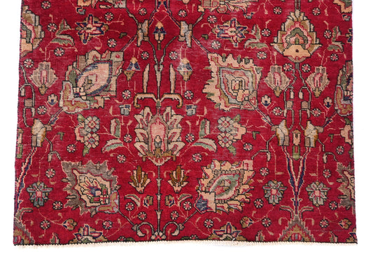 4x5 Handmade Turkish Vintage Tribal Rug | Deep Red Field With Floral Blossoms In Moss & Beige | Boho Rug, Antique Rug | SHR590 | From 1970
