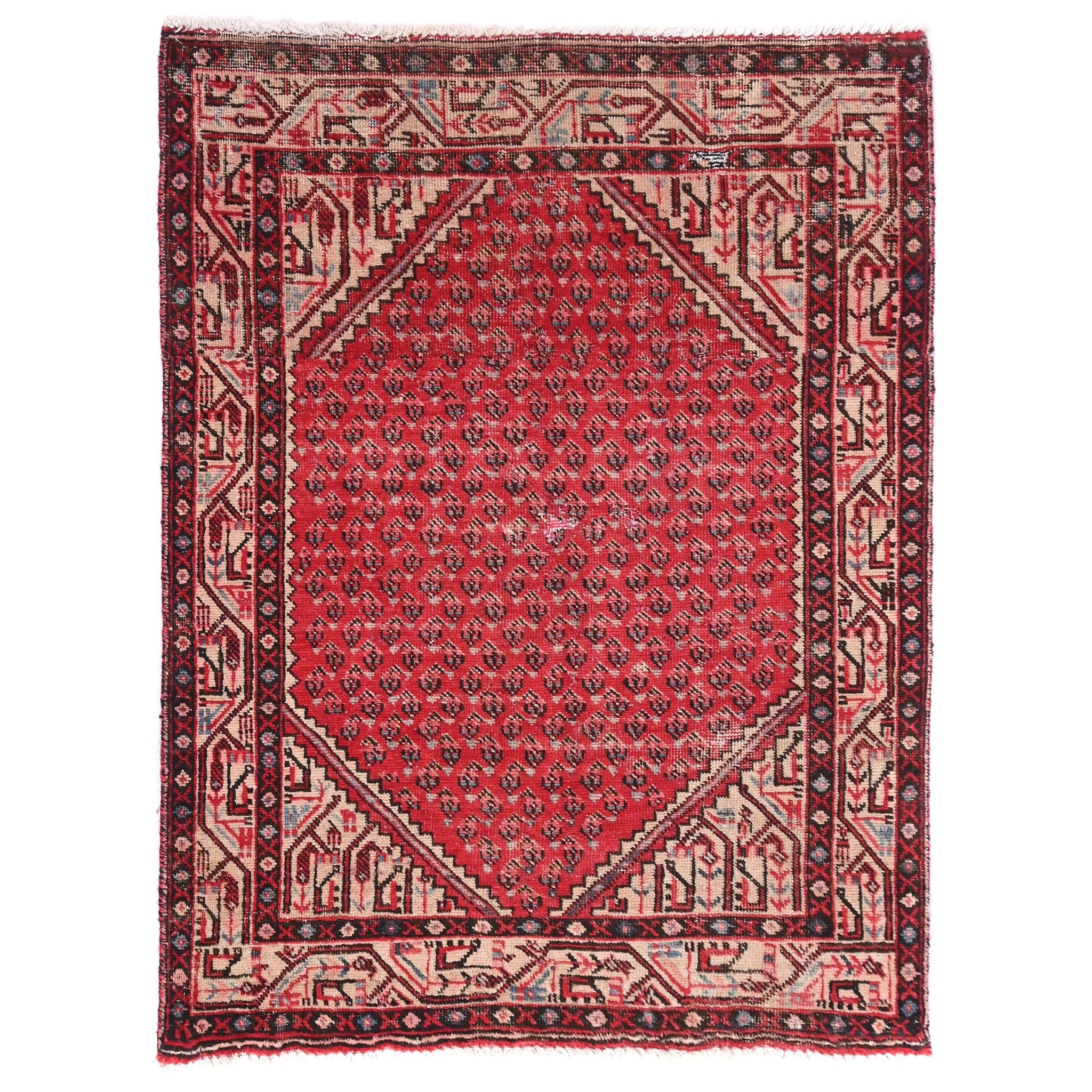 3x4 Handmade Turkish Vintage Tribal Rug | Geometric Patterns With Red & Cream Border | Boho Rug, Antique Rug | SHR591 | From 1970
