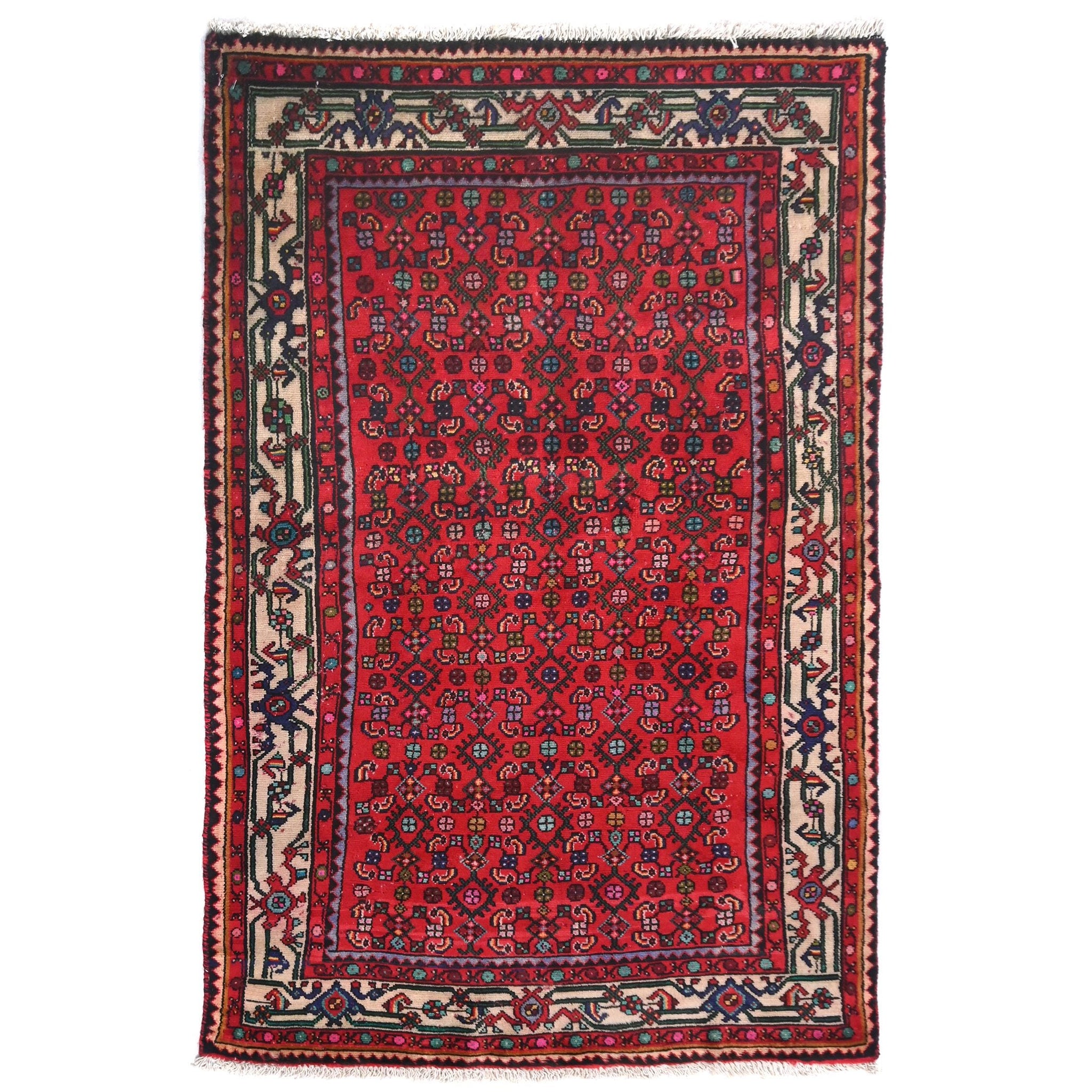 3x4 Handmade Turkish Vintage Tribal Rug | Red Field With Vine-Motif Ivory Border | Boho Rug, Antique Rug | SHR594 | From 1970