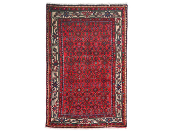 3x4 Handmade Turkish Vintage Tribal Rug | Red Field With Vine-Motif Ivory Border | Boho Rug, Antique Rug | SHR594 | From 1970