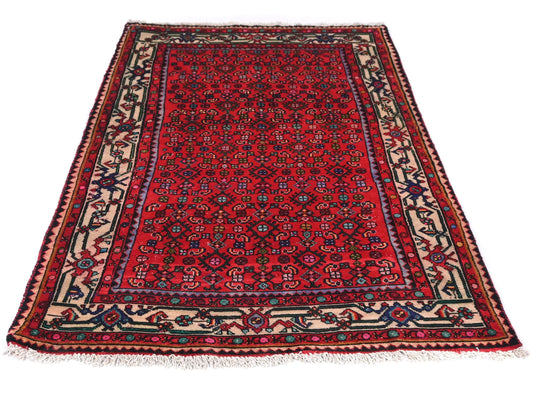 3x4 Handmade Turkish Vintage Tribal Rug | Red Field With Vine-Motif Ivory Border | Boho Rug, Antique Rug | SHR594 | From 1970