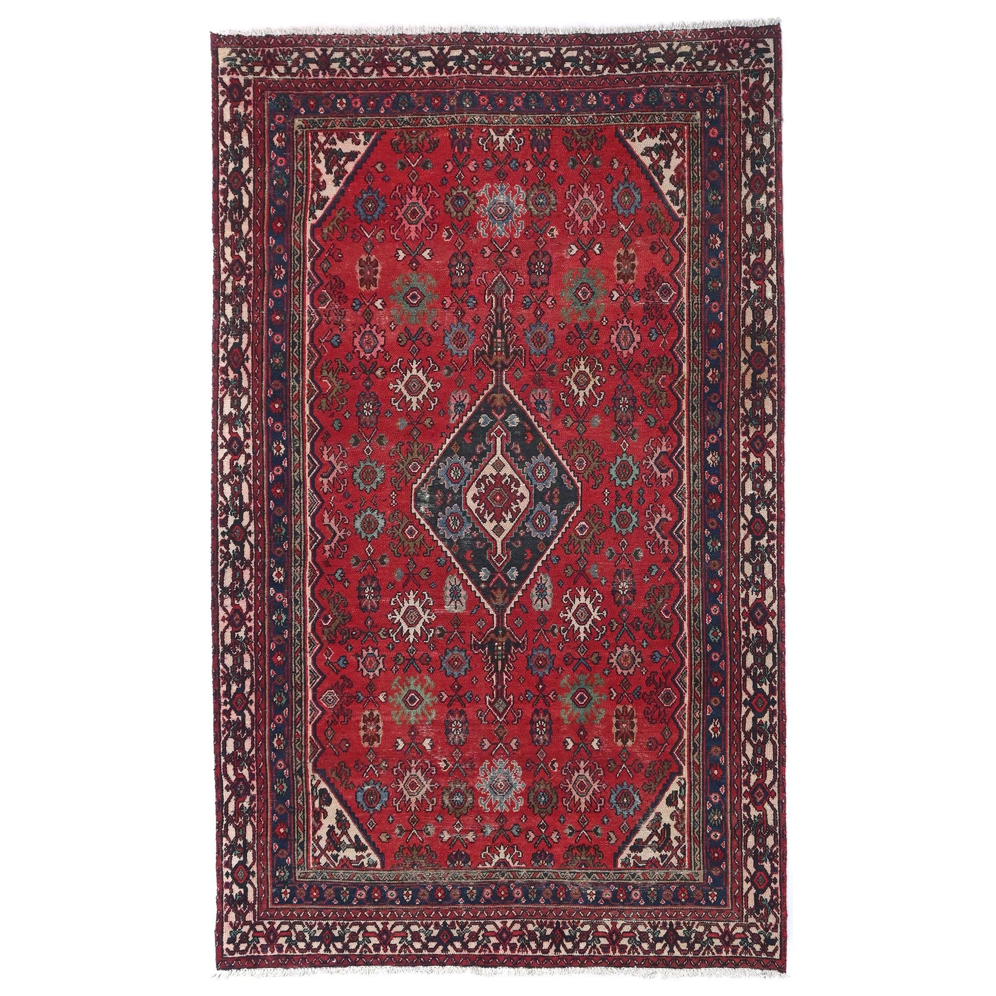 6x9 Handmade Turkish Vintage Tribal Rug | Royal Crimson Diamond Medallion & Star Border | Boho Rug, Antique Wool Rug | SHR747 | From 1980