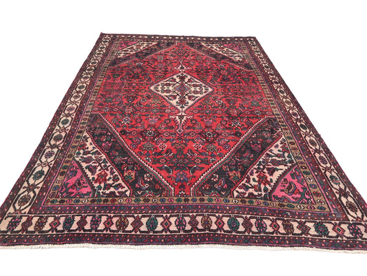 6x10 Handmade Turkish Vintage Tribal Rug | Red Diamond Medallion with Ivory Corners | Boho Rug, Antique Anatolian Rug | SHR745 | From 1980