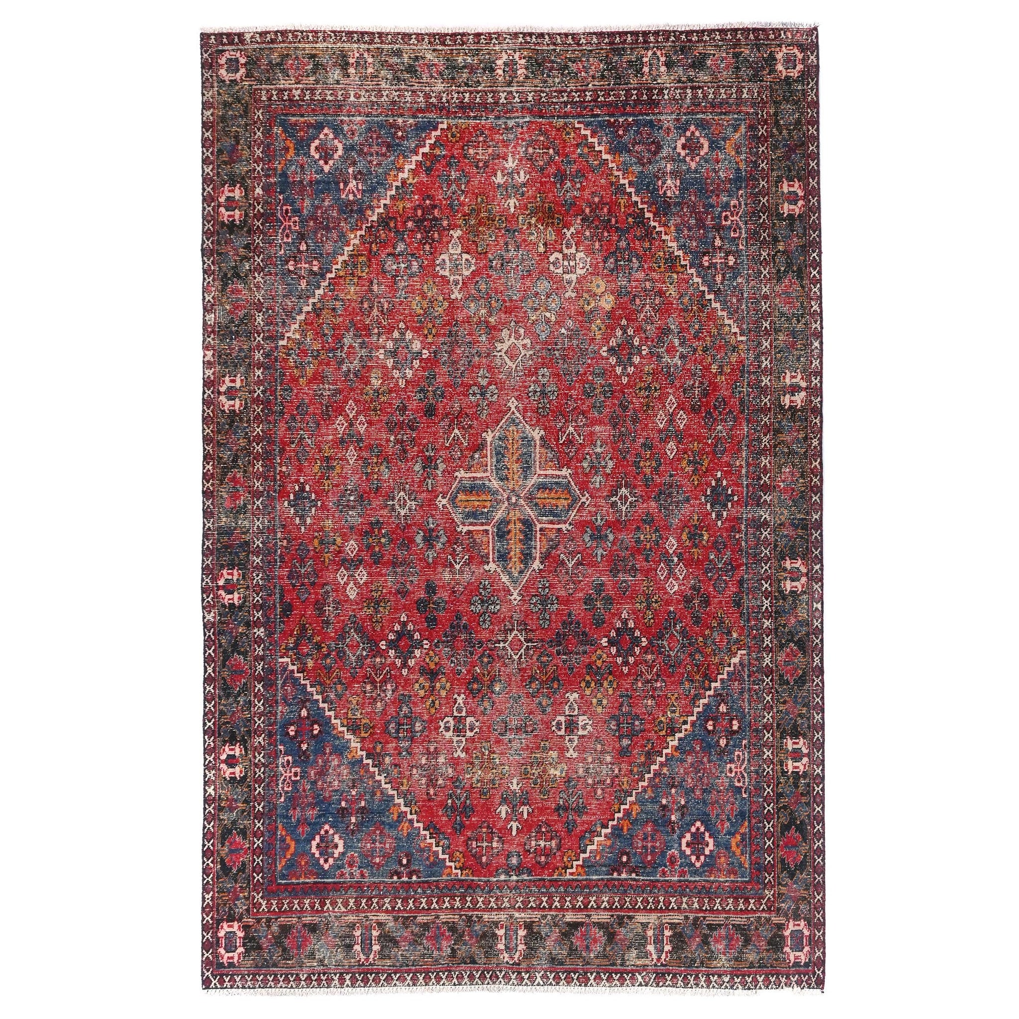 7x10 Handmade Turkish Vintage Tribal Rug | Deep Ruby Medallion with Indigo Borders | Boho Rug, Antique Anatolian Rug | SHR744 | From 1980