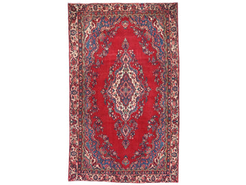 6x9 Handmade Turkish Vintage Tribal Rug | Crimson Field with Navy Floral Medallion | Boho Rug, Antique Anatolian Rug | SHR737 | From 1980 |