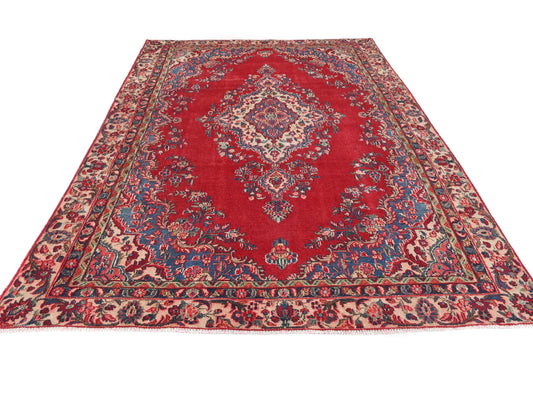 6x9 Handmade Turkish Vintage Tribal Rug | Crimson Field with Navy Floral Medallion | Boho Rug, Antique Anatolian Rug | SHR737 | From 1980 |