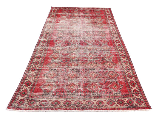 4x7 Handmade Turkish Vintage Tribal Rug | Red Rosette With Repeating Geometric Medallions | Boho Rug, Anatolian Rug | SHR456 | From 1980