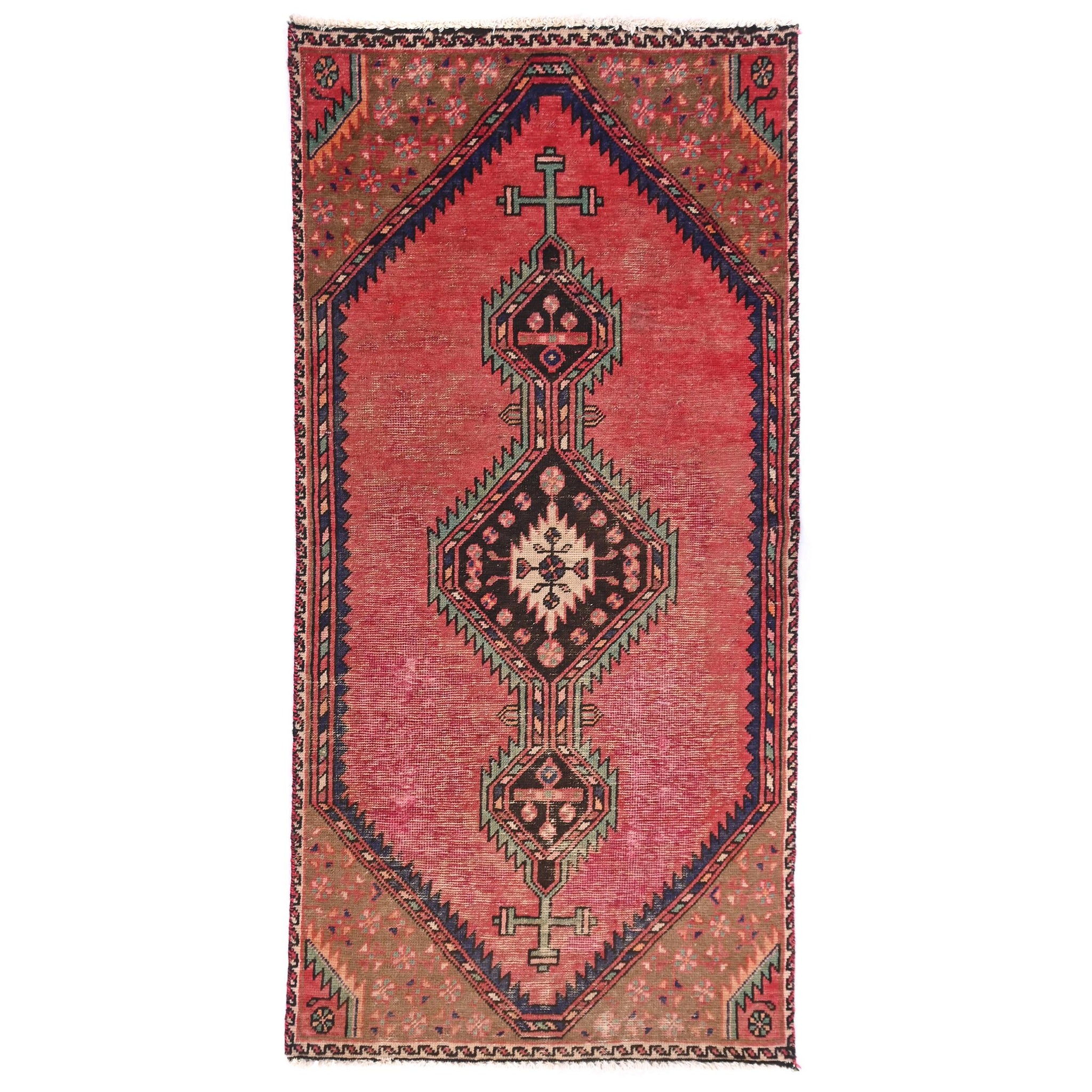 3x6 Handmade Turkish Vintage Tribal Rug | Deep Red Field With Triple Diamond Medallions | Boho Rug, Anatolian Rug | SHR-598 | From 1970