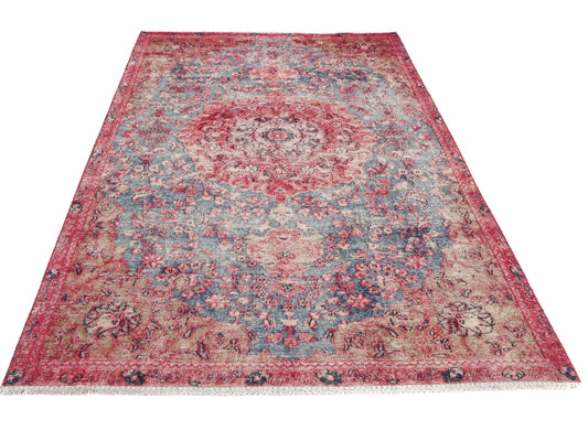 5x8 Handmade Turkish Vintage Tribal Rug | Faded Blue & Coral Medallion | Boho Rug, Antique Anatolian Rug | SHR734 | From 1980 |