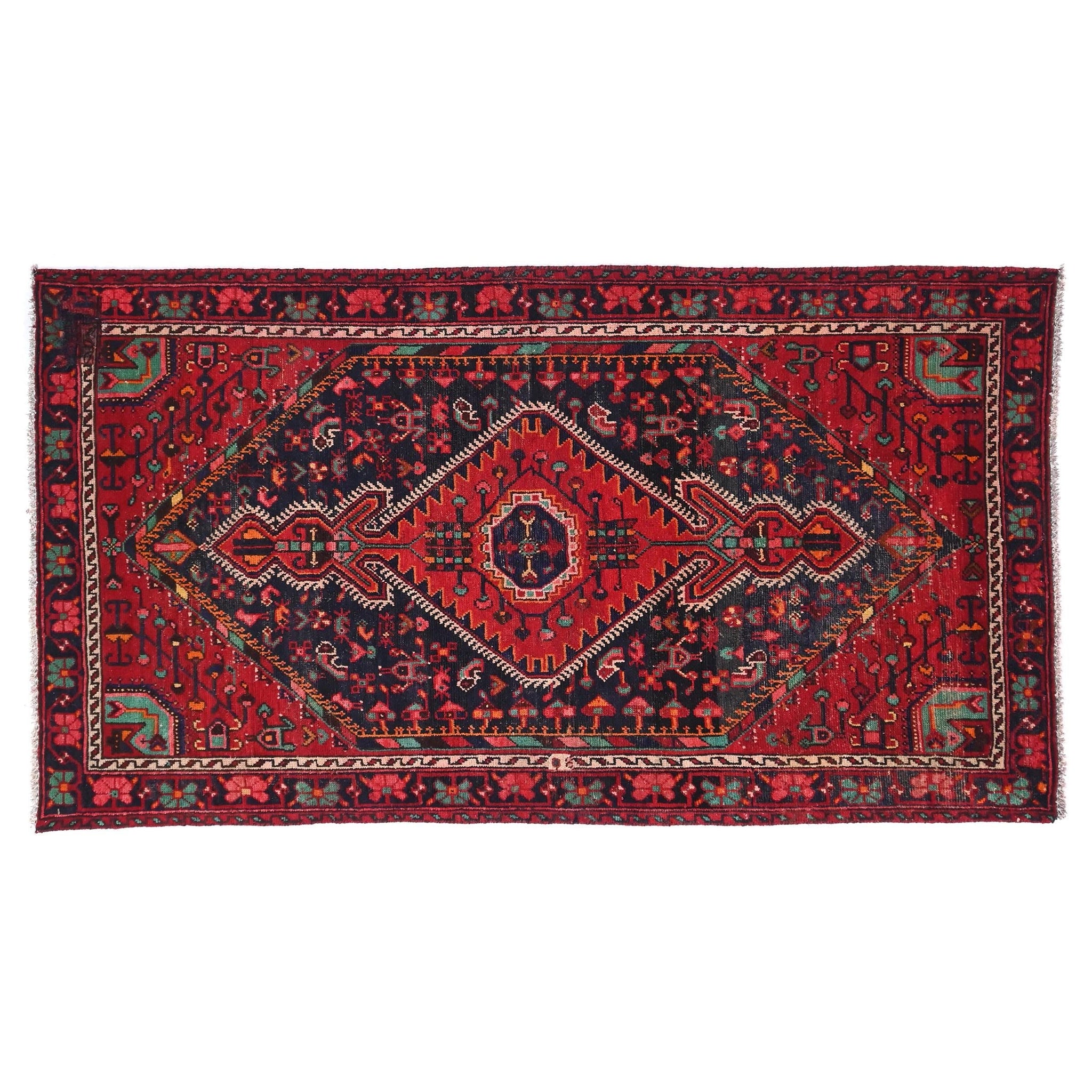 4x7 Handmade Turkish Vintage Tribal Rug | Crimson Spiked Lozenge With Black Hexagon Field | Boho Rug, Anatolian Rug | SHR448 | From 1980