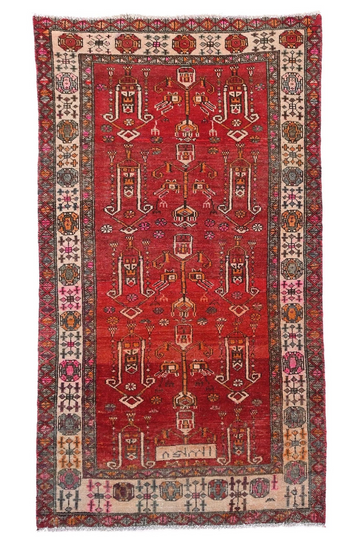4X7 Handmade Vintage Turkish Area Rug – Geometric Red