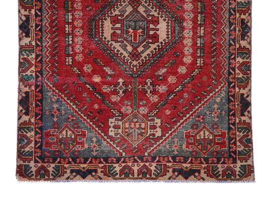 4x6 Handmade Turkish Vintage Tribal Rug | Red Hexagon Field With Sky Blue Triangles | Boho Rug, Anatolian Rug | SHR441 | From 1980