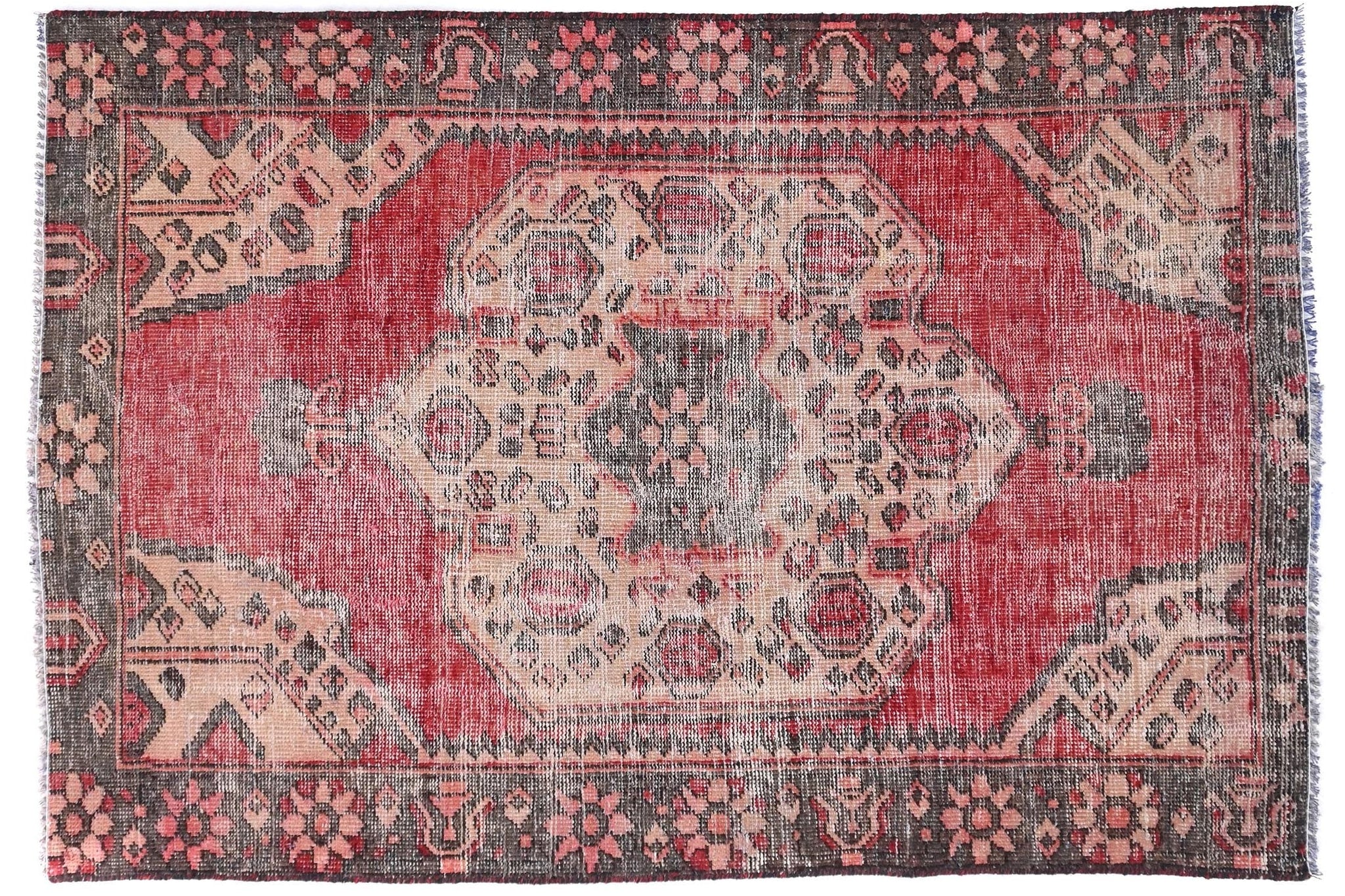 4x6 Handmade Turkish Vintage Tribal Rug | Faded Terracotta Ivory Diamond Medallion | Boho Rug, Anatolian Rug | SHR434 | From 1980