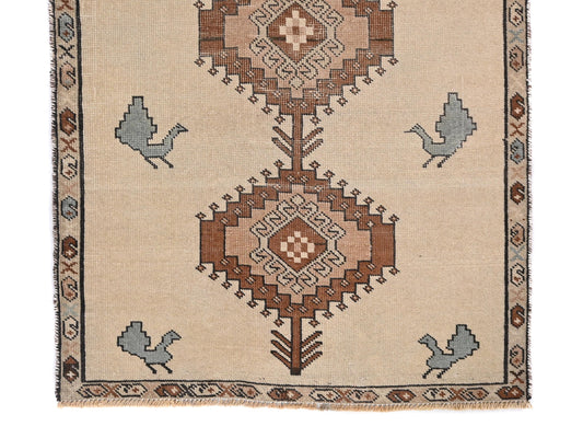 3x6 Handmade Turkish Vintage Tribal Rug | Beige Field with Geometric Medallions | Boho Rug, Antique Anatolian Rug | SHR-405 | From 1980