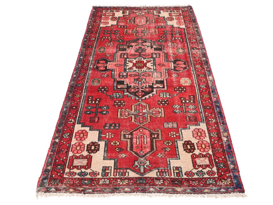 3x6 Handmade Turkish Vintage Tribal Rug | Red And Ivory Medallion With Geometric Corners | Boho Rug, Anatolian Rug | SHR603 | From 1970