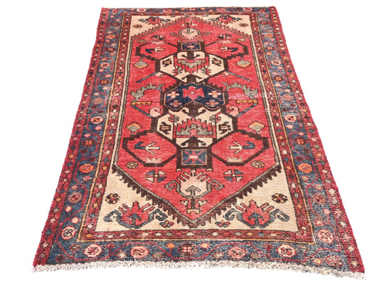 3x6 Handmade Turkish Vintage Tribal Rug | Animal Motifs And Geometric Centrepiece In Ivory | Boho Rug, Anatolian Rug | SHR607 | From 1970