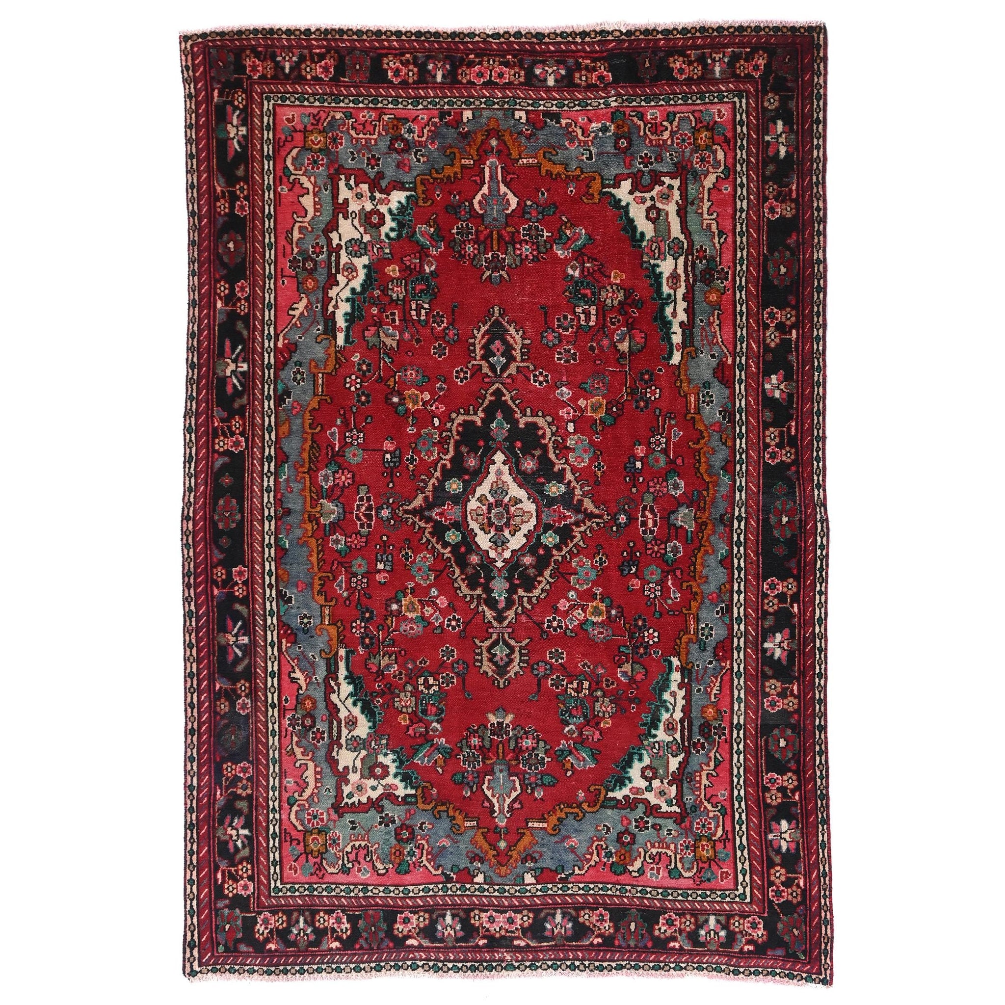 7x10 Handmade Turkish Vintage Tribal Rug | Crimson Medallion with Blue Spandrels | Boho Rug, Antique Anatolian Rug | SHR728 | From 1980 |