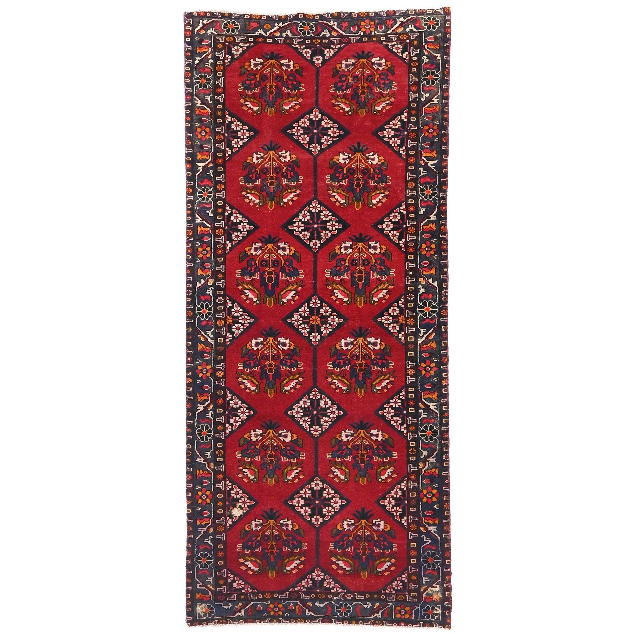 4x10 Handmade Turkish Vintage Tribal Rug | Deep Red Field with Navy & Ivory Borders | Boho Rug, Antique Anatolian Rug | SHR-723 | From 1980