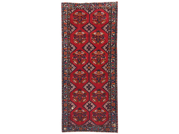 4x10 Handmade Turkish Vintage Tribal Rug | Deep Red Field with Navy & Ivory Borders | Boho Rug, Antique Anatolian Rug | SHR-723 | From 1980