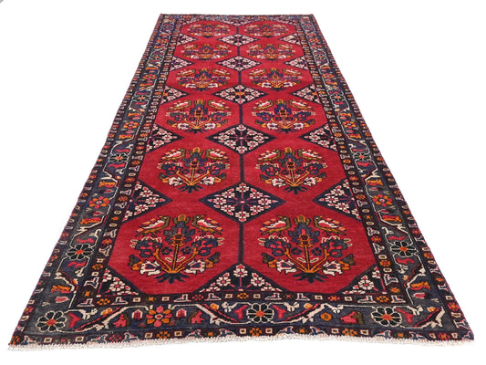4x10 Handmade Turkish Vintage Tribal Rug | Deep Red Field with Navy & Ivory Borders | Boho Rug, Antique Anatolian Rug | SHR-723 | From 1980