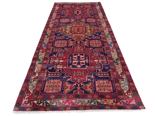 4x10 Handmade Turkish Vintage Tribal Rug | Navy Medallions with Geometric Borders | Boho Rug, Antique Anatolian Rug | SHR716 | From 1980 |