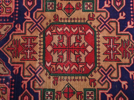 4x10 Handmade Turkish Vintage Tribal Rug | Navy Medallions with Geometric Borders | Boho Rug, Antique Anatolian Rug | SHR716 | From 1980 |