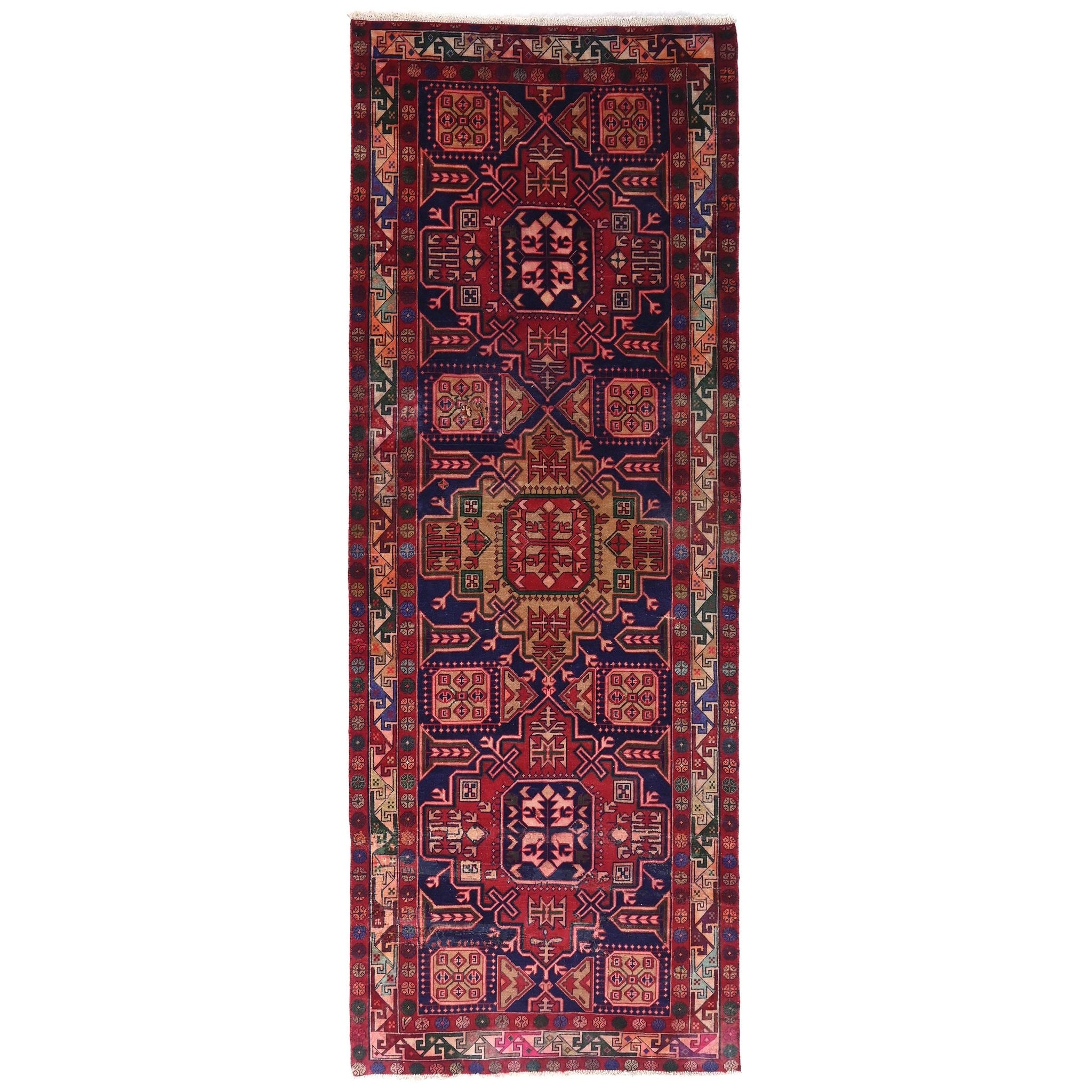 4x10 Handmade Turkish Vintage Tribal Rug | Navy Medallions with Geometric Borders | Boho Rug, Antique Anatolian Rug | SHR716 | From 1980 |