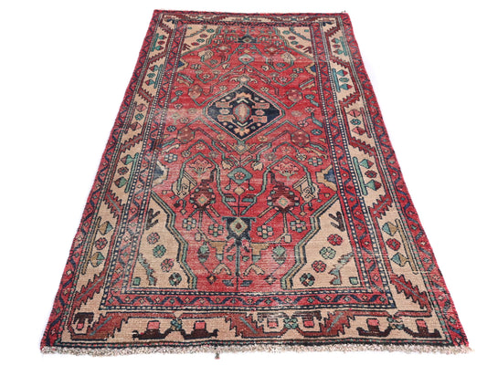 3x6 Handmade Turkish Vintage Tribal Rug | Faded Coral Field with Navy Medallion | Boho Rug, Antique Anatolian Rug | SHR-713 | From 1980 |