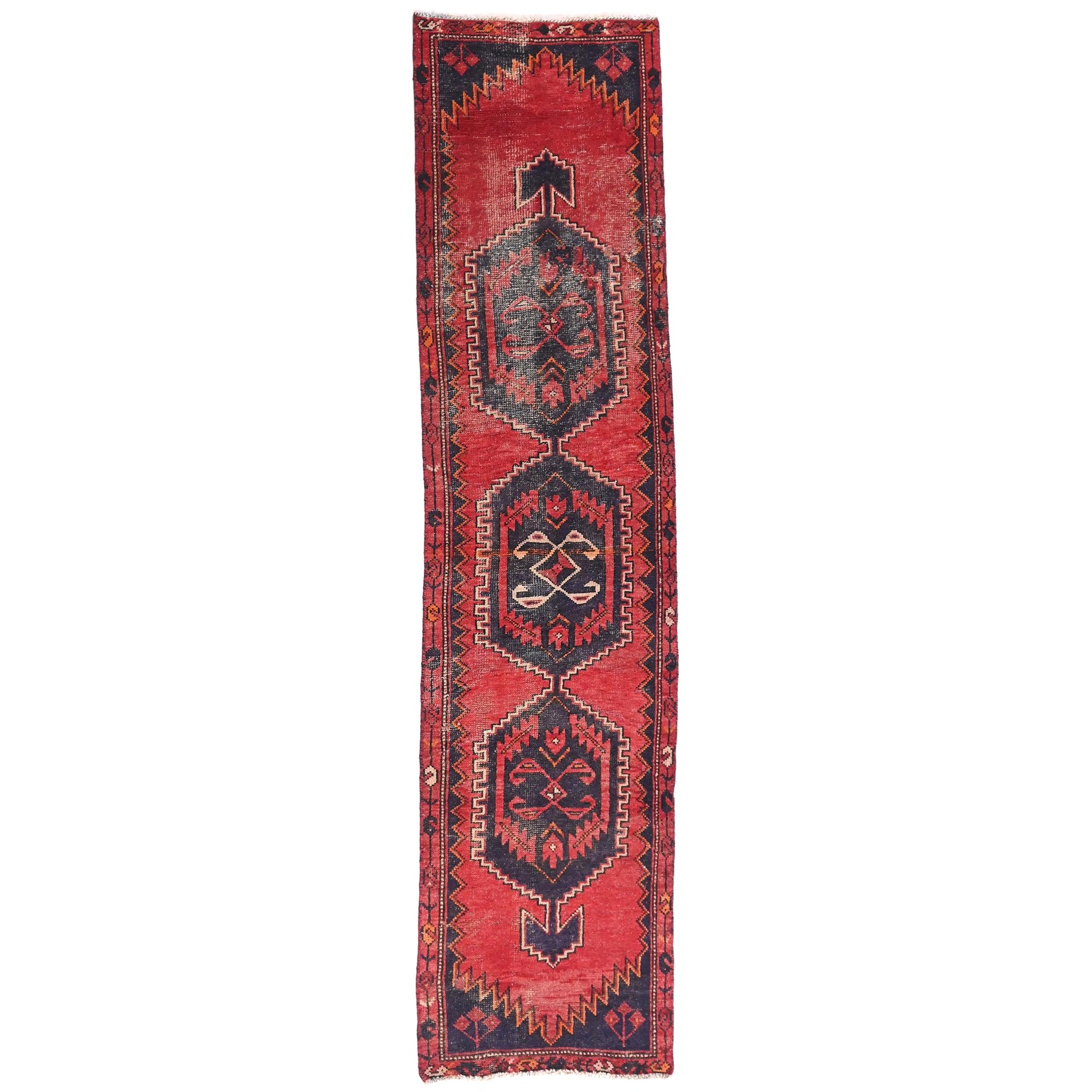 3x8 Handmade Turkish Vintage Tribal Rug | Geometric Medallions on Red Field | Boho Rug, Antique Anatolian Rug | SHR704 | From 1980 |