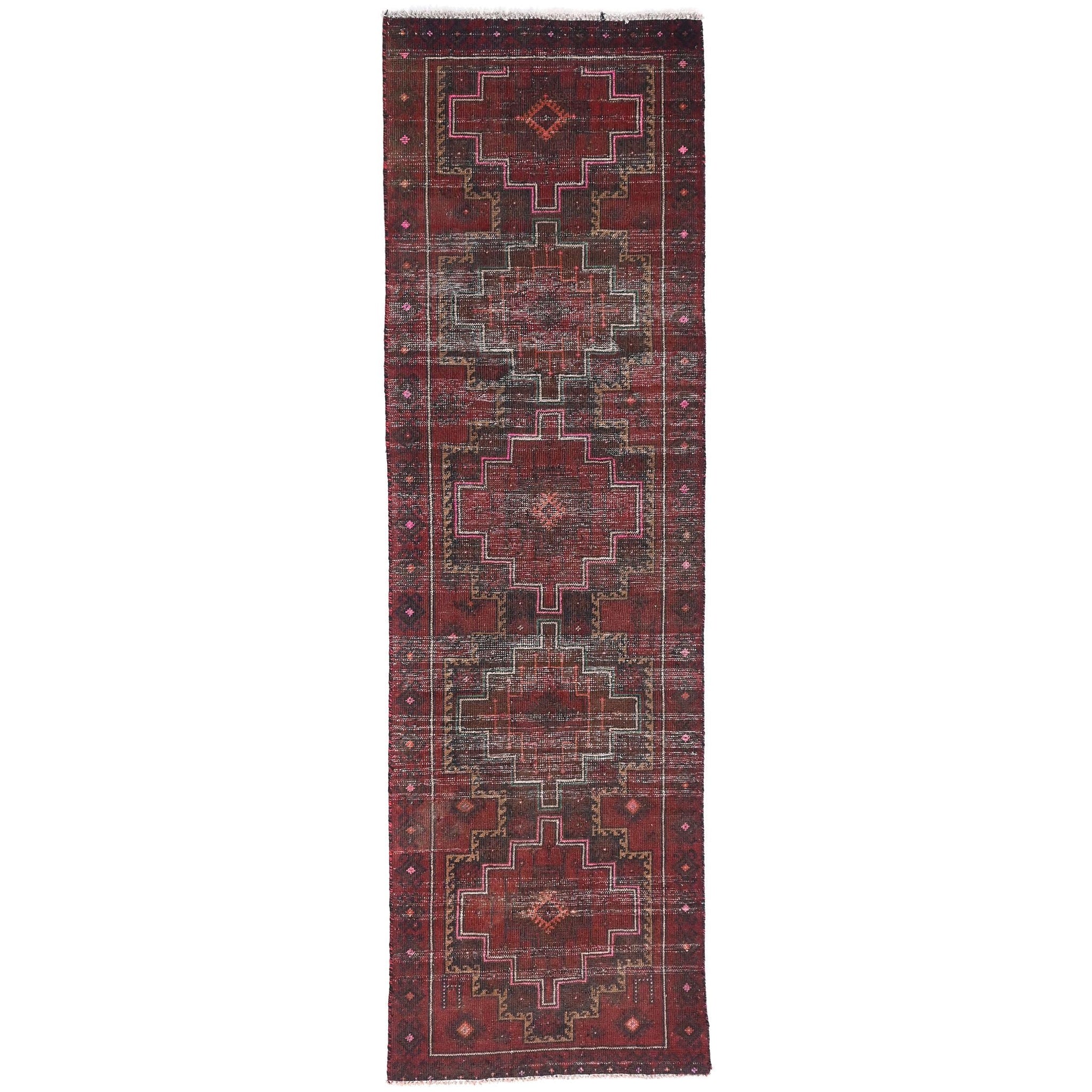 3x9 Handmade Turkish Vintage Tribal Rug | Brick Red Field with Pink Medallions | Boho Rug, Antique Anatolian Rug  | SHR-702 | From 1980 |