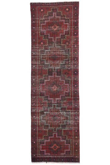 3X9 Handmade Vintage Turkish Runner Rug – Geometric Maroon
