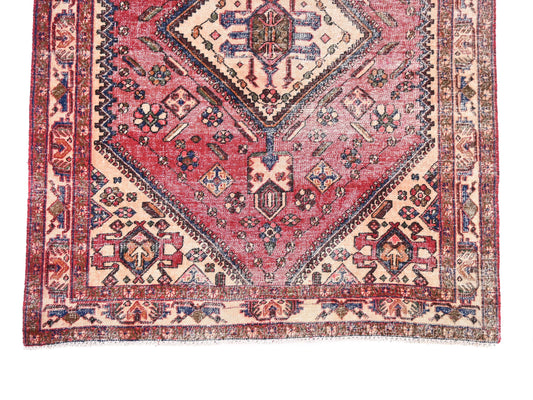 5x7 Handmade Turkish Vintage Tribal Rug | Ivory Medallion in Coral Field | Boho Rug, Antique Anatolian Rug | SHR416 | From 1980