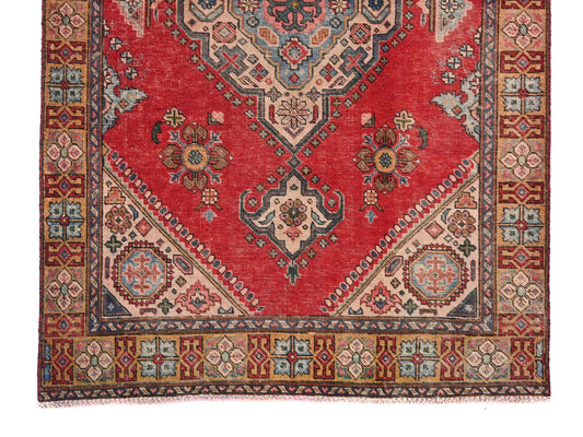 4x6 Handmade Turkish Vintage Tribal Rug | Floral Crescent Medallion in Lush Coral Field | Boho Rug, Antique Anatolian | SHR426 | From 1980