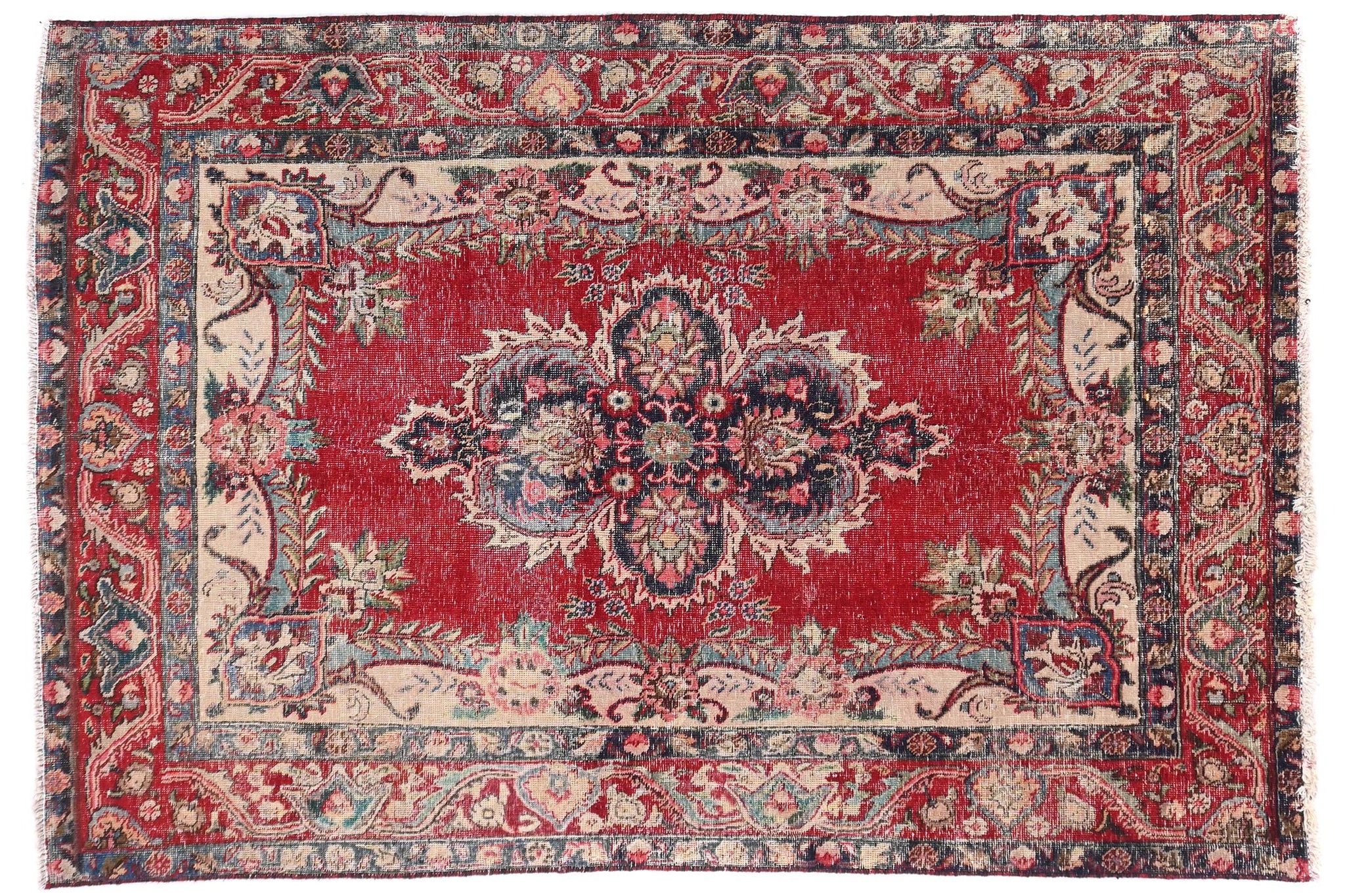 4x6 Handmade Turkish Vintage Tribal Rug | Floral Symmetry in Scarlet & Ivory | Boho Rug, Antique Anatolian Rug | SHR-429 | From 1980