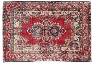 4x6 Handmade Turkish Vintage Tribal Rug | Floral Symmetry in Scarlet & Ivory | Boho Rug, Antique Anatolian Rug | SHR-429 | From 1980