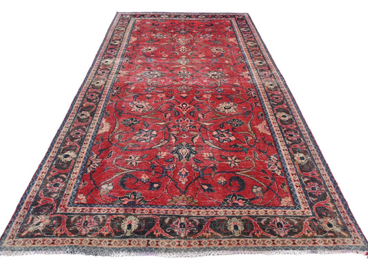 5x10 Handmade Turkish Vintage Tribal Rug | Floral Vine Pattern on Deep Red Field | Boho Rug, Antique Anatolian Rug  | SHR-698 | From 1980 |