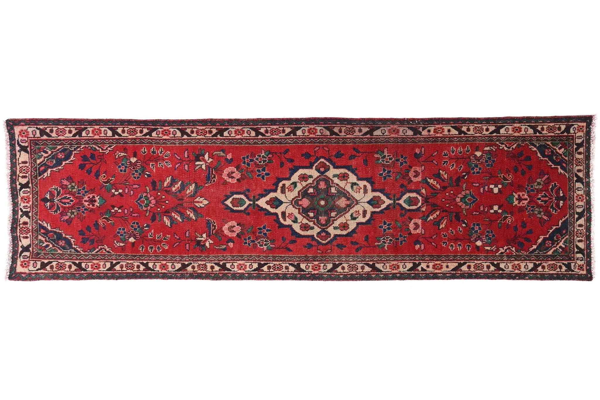 3x9 Handmade Turkish Vintage Tribal Rug | Floral Ivory Medallion on Rich Red Field | Boho Rug, Antique Anatolian Rug | SHR-695 | From 1980 |