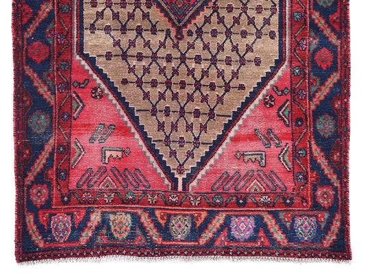 3x9 Handmade Turkish Vintage Tribal Rug | Sand Field with Deep Red Corner Panels | Boho Rug, Antique Anatolian Rug | SHR-692 | From 1980 |