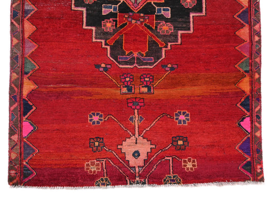 4x8 Handmade Turkish Vintage Tribal Rug | Vibrant Red Field with Black Medallion | Boho Rug, Antique Anatolian Rug | SHR-687 | From 1980 |