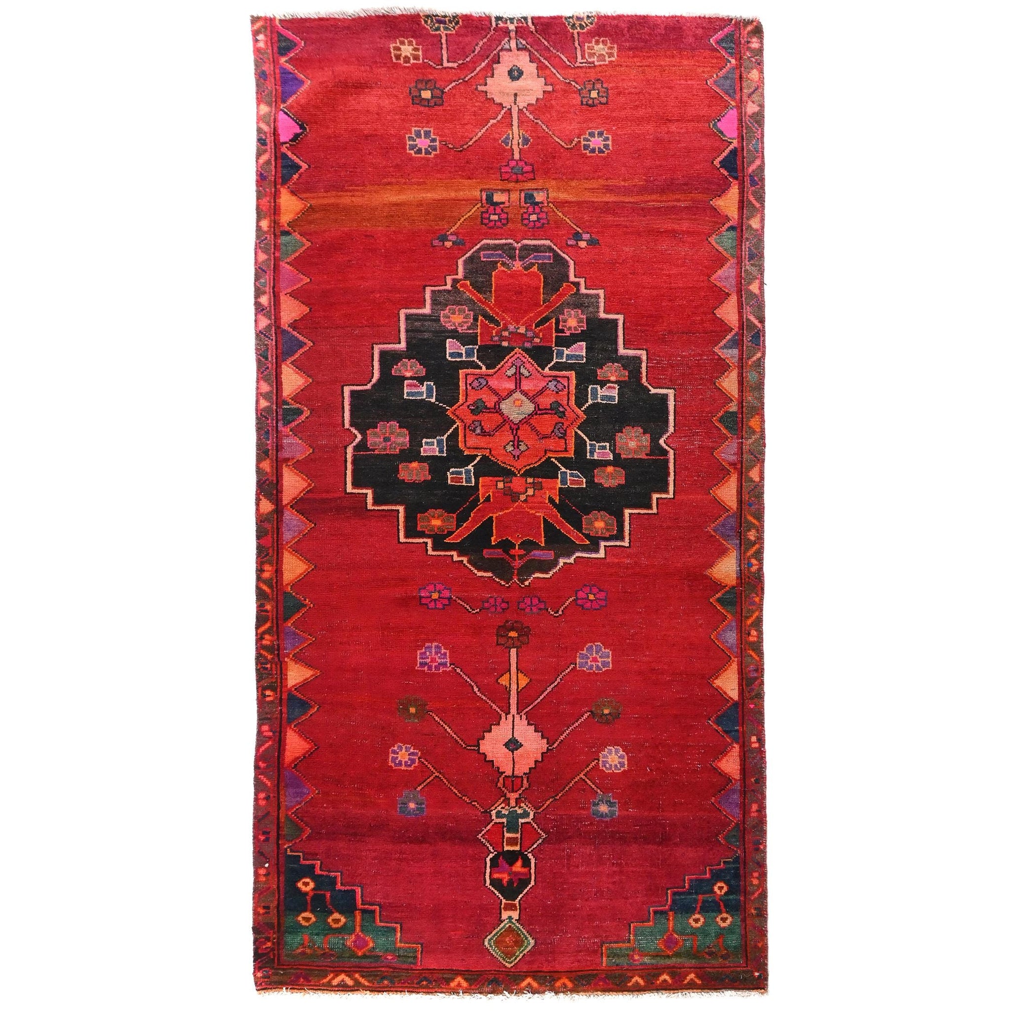 4x8 Handmade Turkish Vintage Tribal Rug | Vibrant Red Field with Black Medallion | Boho Rug, Antique Anatolian Rug | SHR-687 | From 1980 |