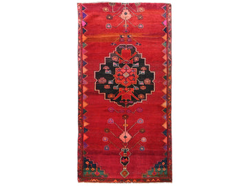 4x8 Handmade Turkish Vintage Tribal Rug | Vibrant Red Field with Black Medallion | Boho Rug, Antique Anatolian Rug | SHR-687 | From 1980 |