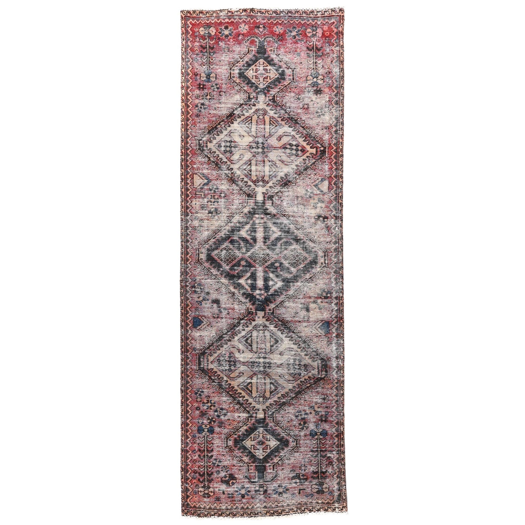 3x9 Handmade Turkish Vintage Tribal Rug | Faded Cream Field & Geometric Medallions | Boho Rug, Antique Anatolian Rug | SHR-685 | From 1980 |