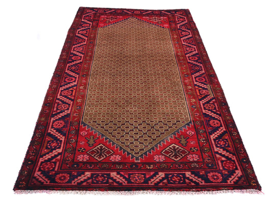 4x7 Handmade Turkish Vintage Tribal Rug | Taupe Field with Red Geometric Corners | Boho Rug, Antique Anatolian Rug | SHR-684 | From 1980 |