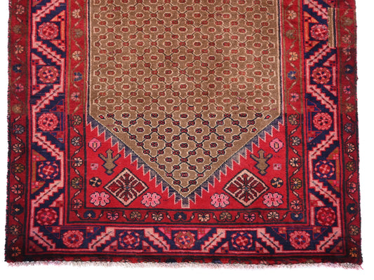 4x7 Handmade Turkish Vintage Tribal Rug | Taupe Field with Red Geometric Corners | Boho Rug, Antique Anatolian Rug | SHR-684 | From 1980 |