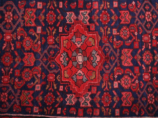 3x10 Handmade Turkish Vintage Tribal Rug | Navy Blue Field & Red Floral Medallions | Boho Rug, Antique Anatolian Rug | SHR-683 | From 1980 |