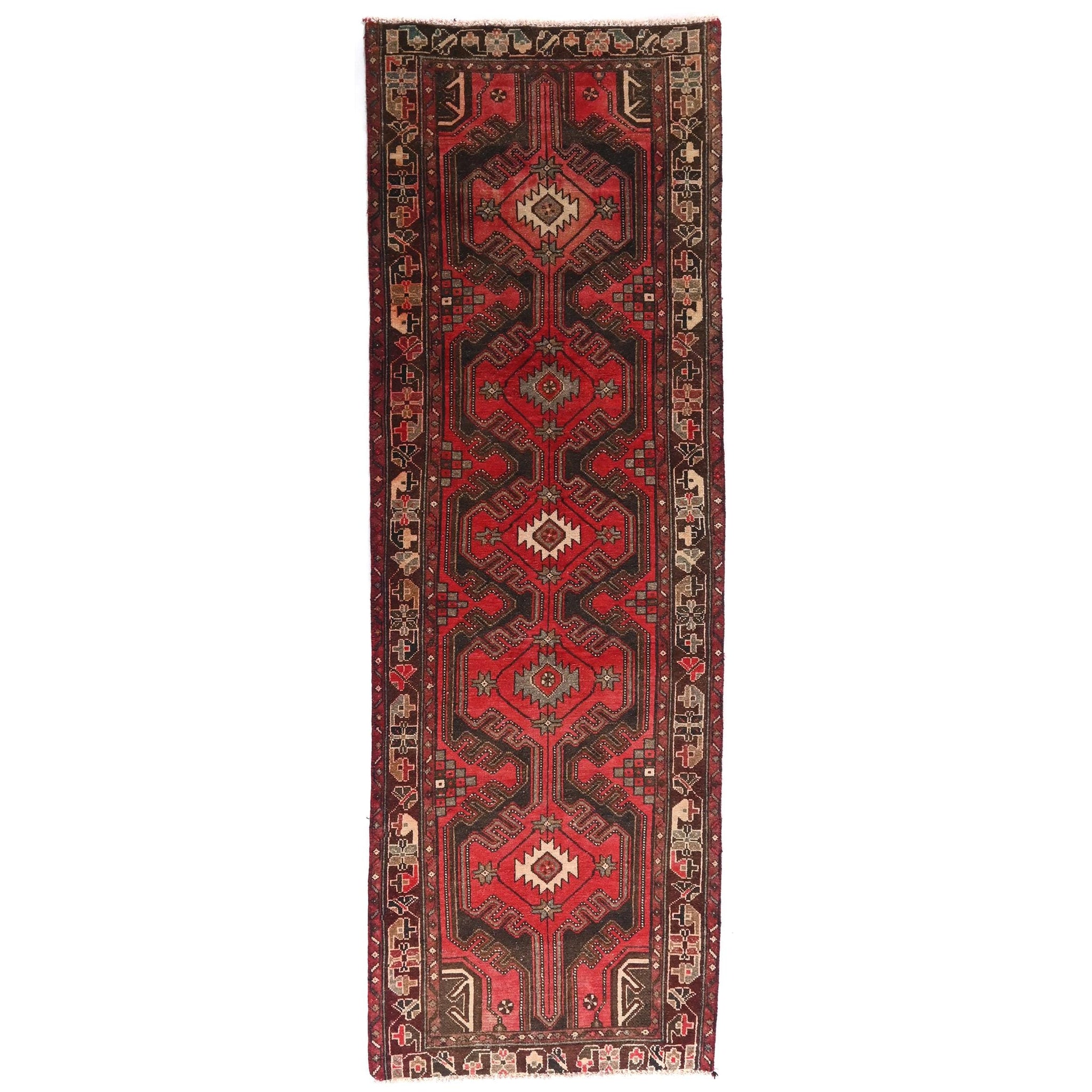 3x9 Handmade Turkish Vintage Tribal Rug | Crimson Field with Dark Brown Medallion | Boho Rug, Antique Anatolian Rug  | SHR-681 | From 1980 |