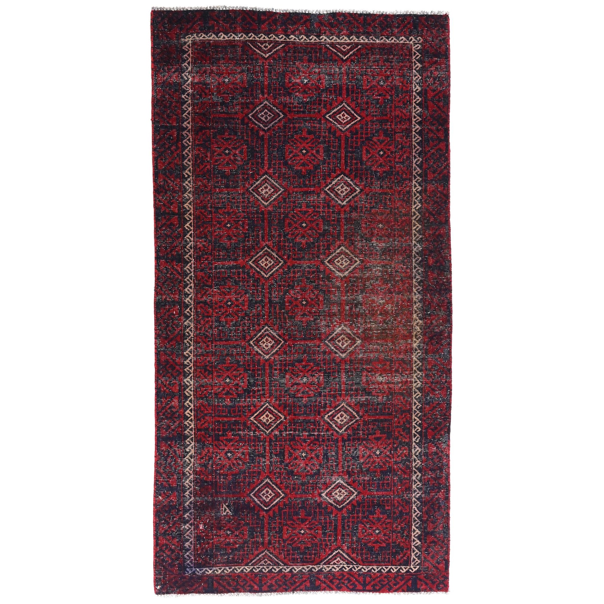 4x9 Handmade Turkish Vintage Tribal Rug | Navy Base with Repeated Floral Medallions | Boho Rug, Antique Anatolian Rug | SHR-680 | From 1980