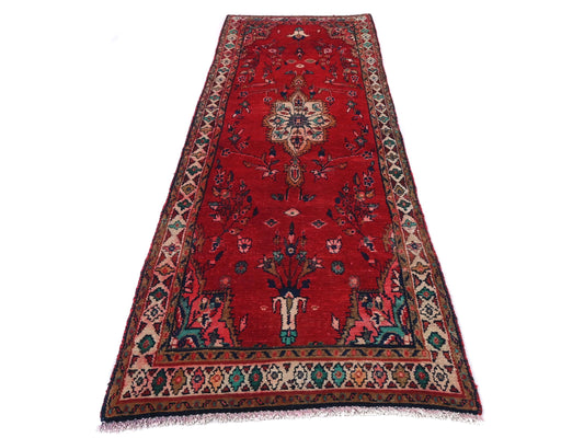 3x8 Handmade Turkish Vintage Tribal Rug | Bold Red Field with Floral Medallion | Boho Rug, Antique Anatolian Rug | SHR-678 | From 1980