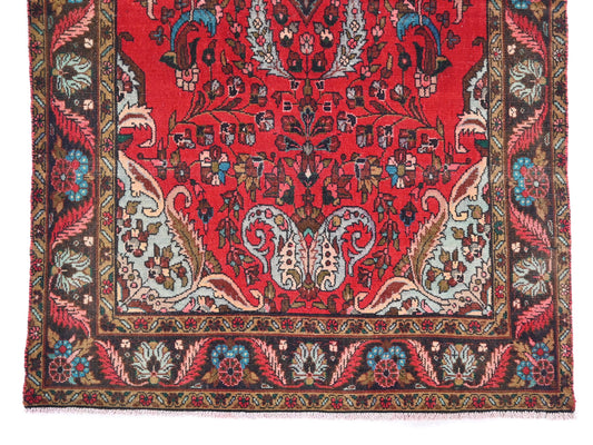 4x9 Handmade Turkish Vintage Tribal Rug | Vibrant Red Field with Ivory Spandrels | Boho Rug, Antique Anatolian Rug | SHR-676 | From 1980 |