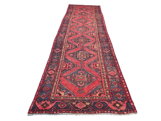 3x12 Handmade Turkish Vintage Tribal Rug | Bold Red & Navy Diamond Chain | Boho Rug, Antique Anatolian Rug | SHR-675 | From 1980 |